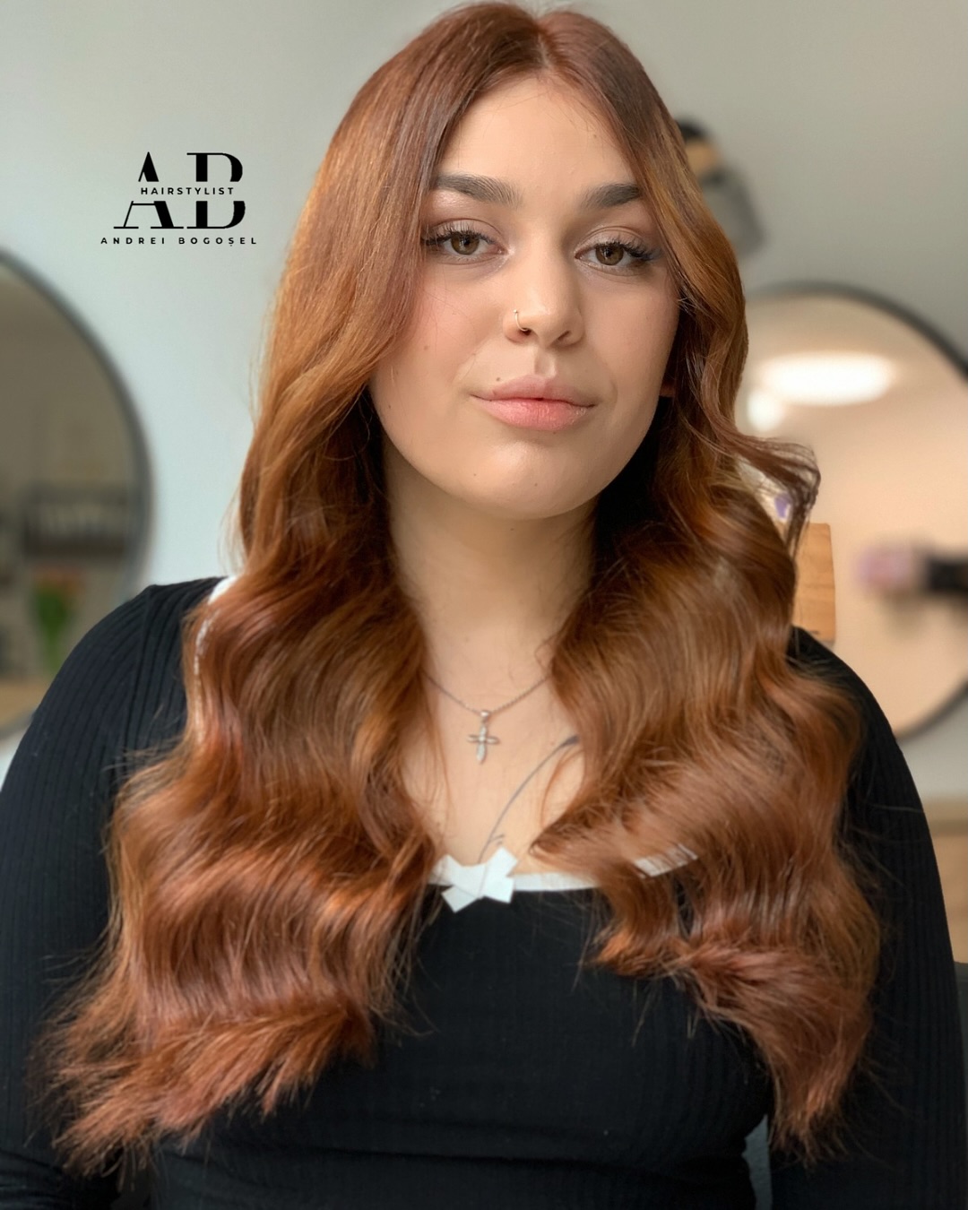 Striking Mid-Length Warm Auburn with Classic Curls
