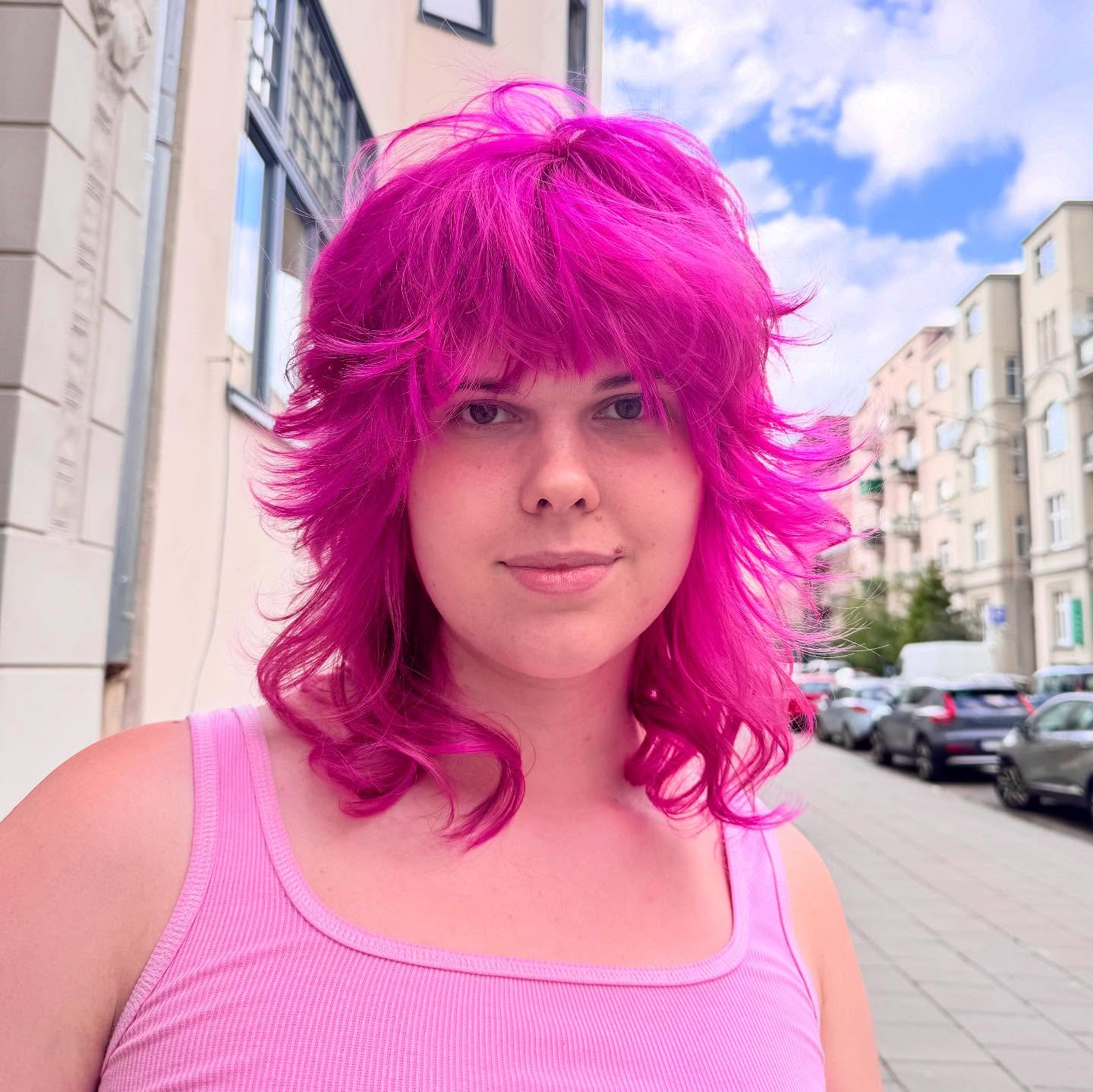 Vibrant Magenta Layered Shag with Textured Waves