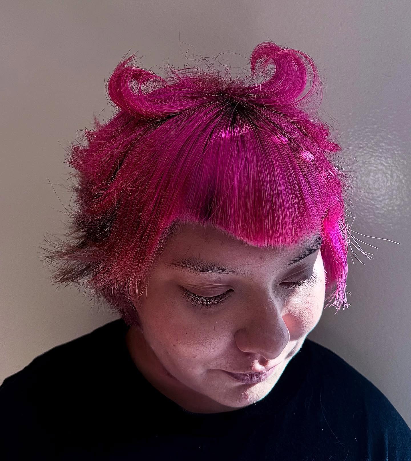 Vibrant Pink Top Knots with Feathered Fringe