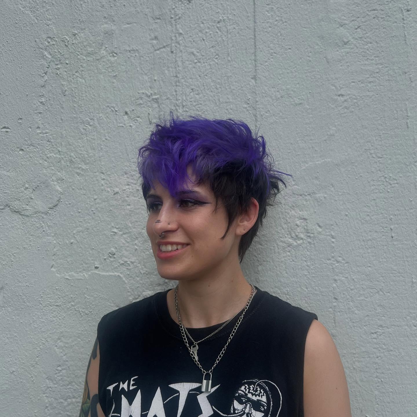 Vibrant Purple Tousled Pixie with Textured Layers
