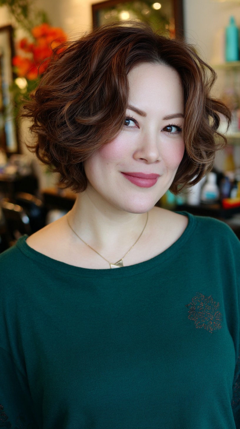 Warm Chestnut Voluminous Wavy Bob