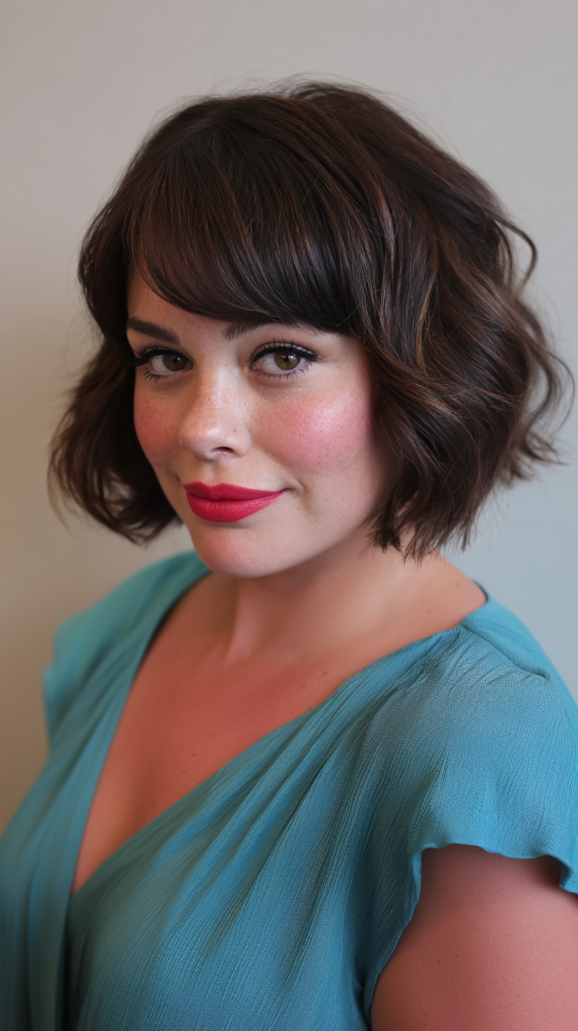 Brunette Bob with Lustrous Waves and Swooped Bangs