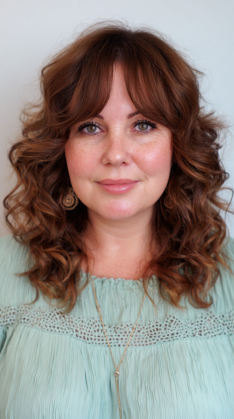 Cascading Chestnut Curls with Face-Framing Fringe