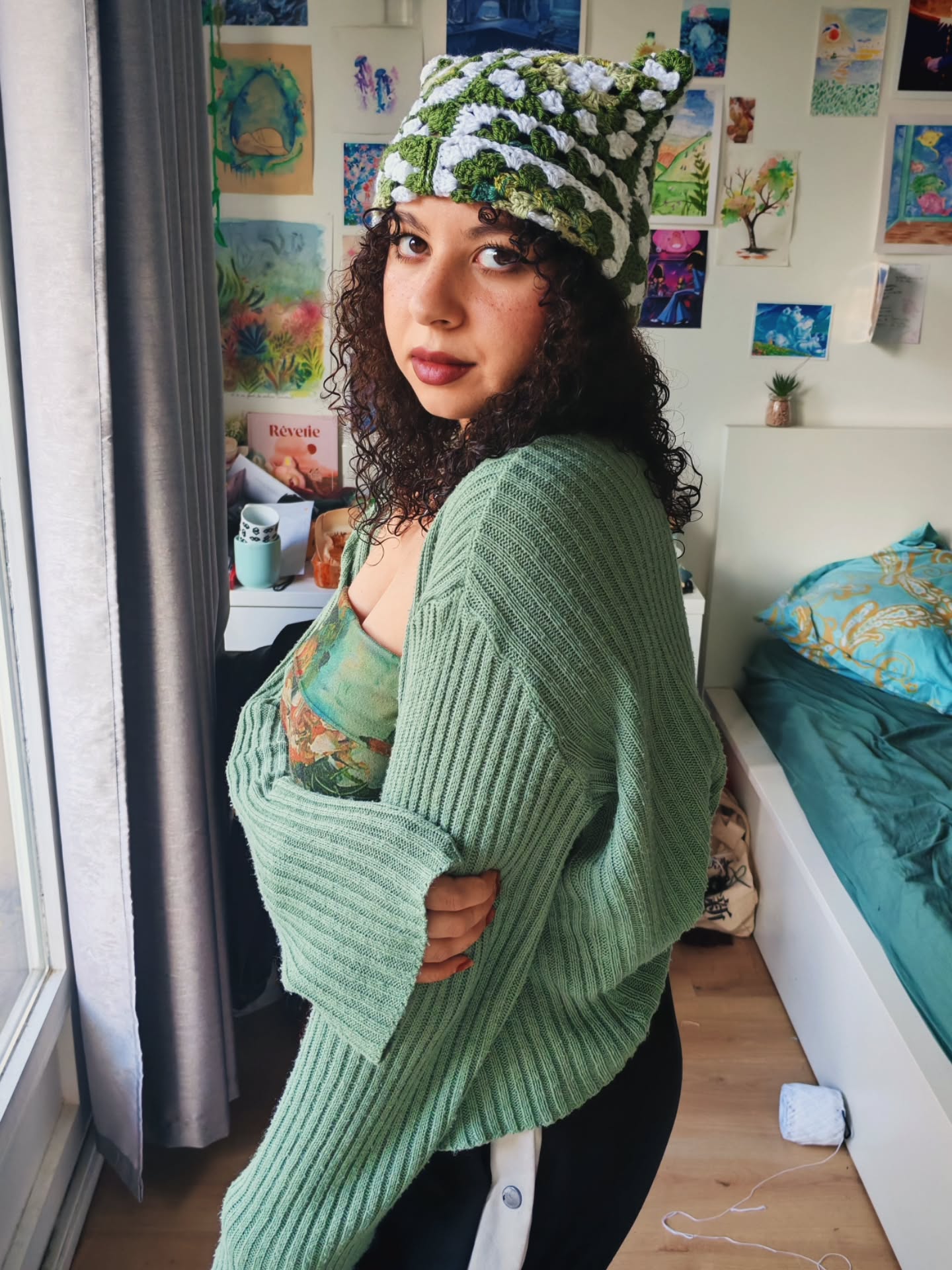 Casual Spiral Curls with Vibrant Knit Beanie