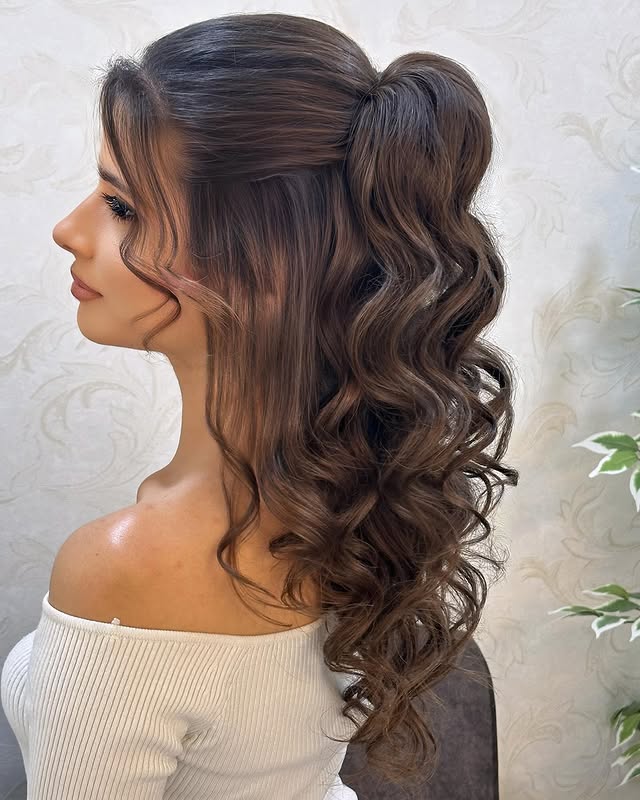 Charming Chestnut Waves with Voluminous Half Bow