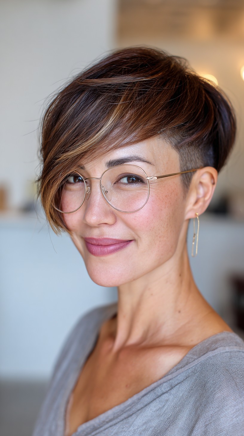 Chic Asymmetrical Brunette Pixie with Shaved Details