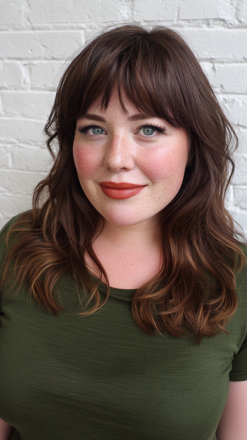 Chic Chestnut Waves with Full Bangs