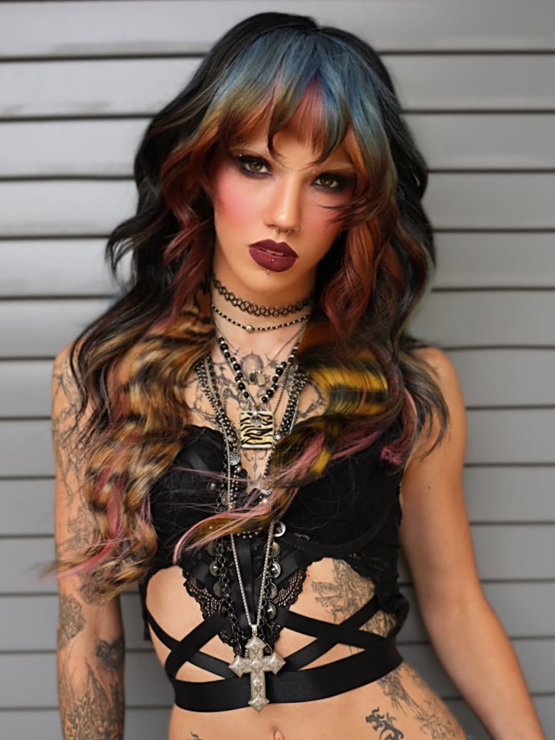 Dark-Rainbow Long Curls with Peekaboo Bangs
