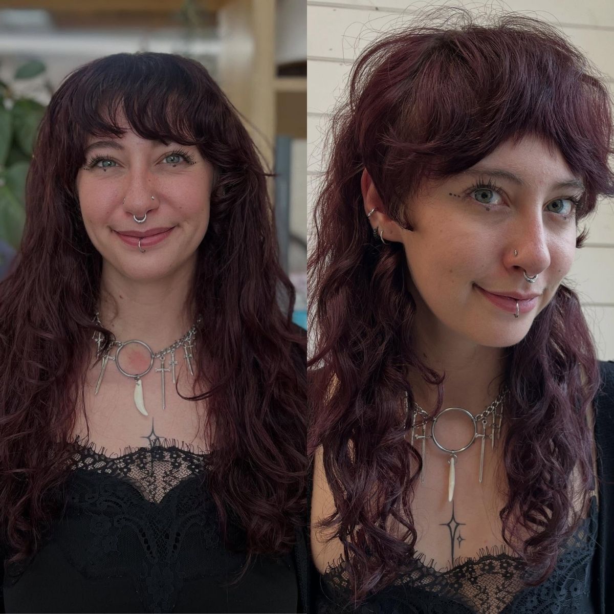 Deep-Burgundy Tousled Waves with Full Bangs