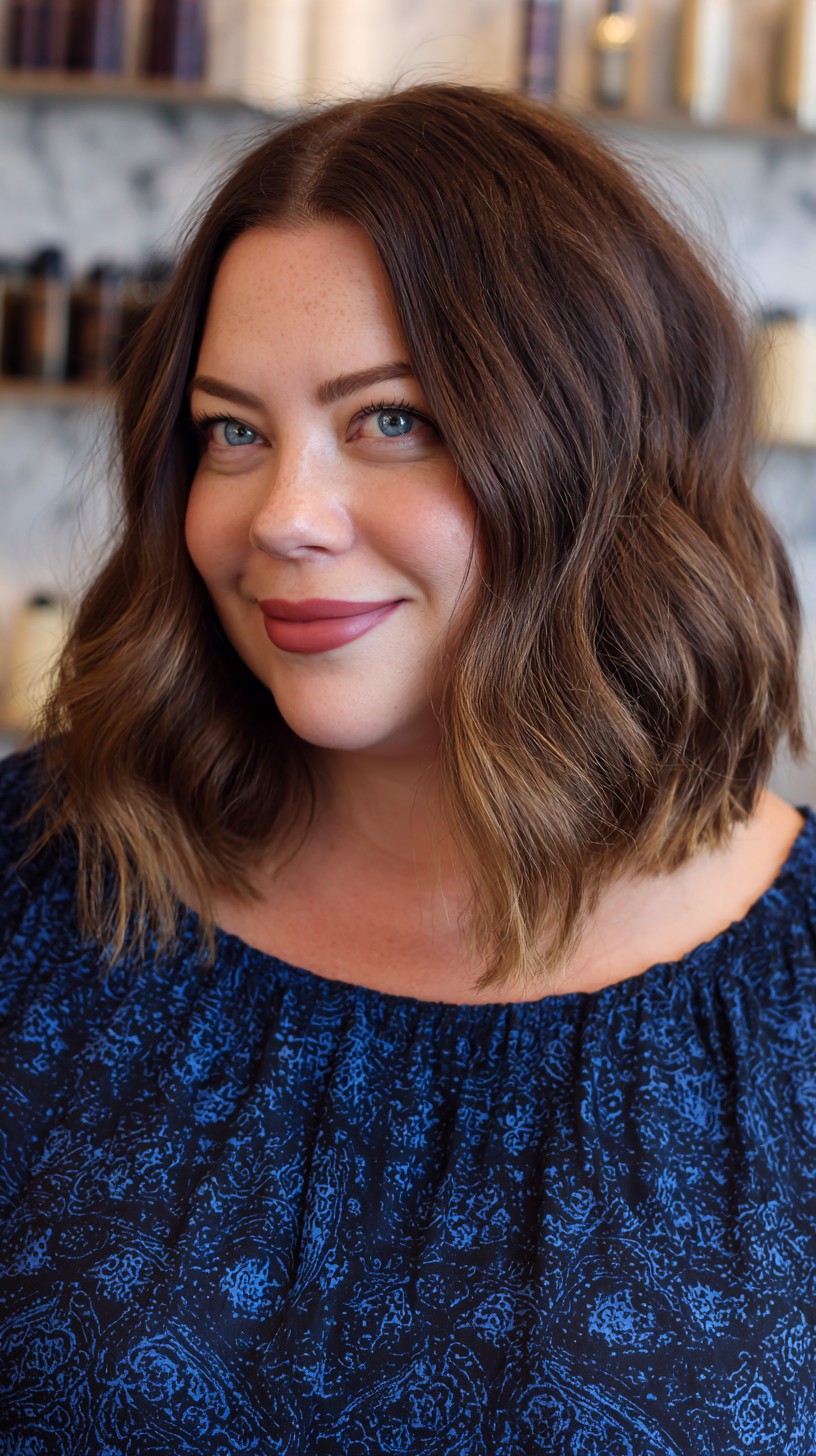 Deep Chestnut Wavy Bob with Subtle Highlights