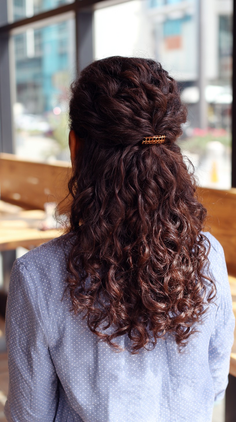 Elegante, geflochtene Halbhochsteckfrisur mit glänzenden Locken