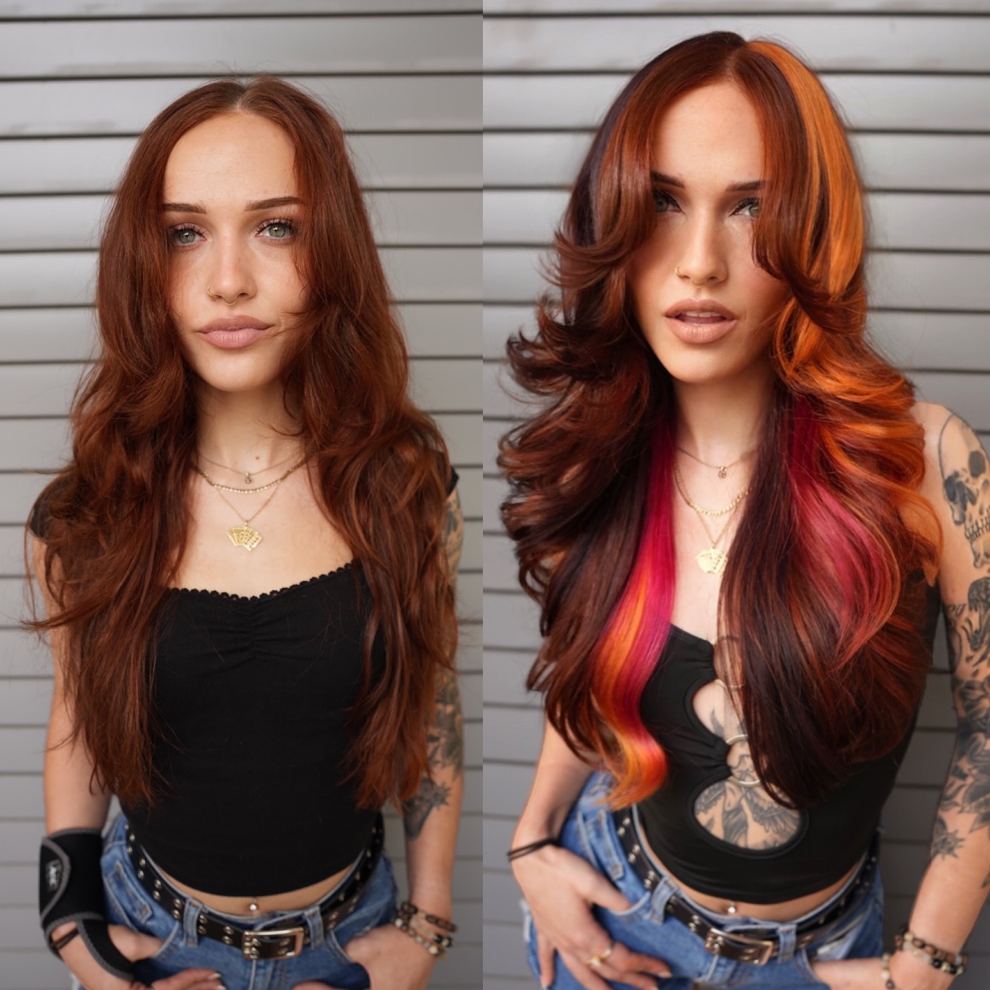 Fiery Multitone Balayage with Bold Crimson Accents