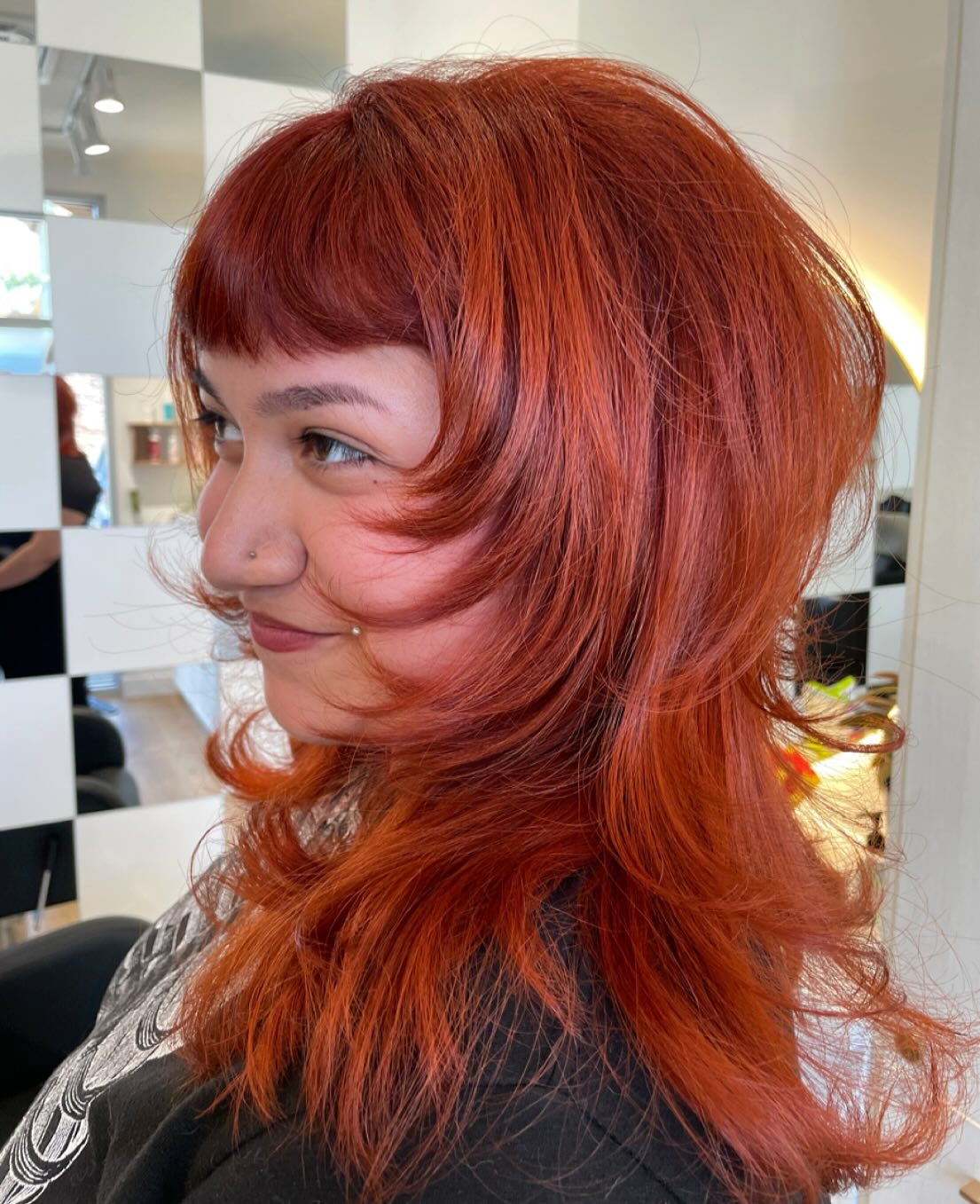Flaming Copper Layered Bob with Bangs