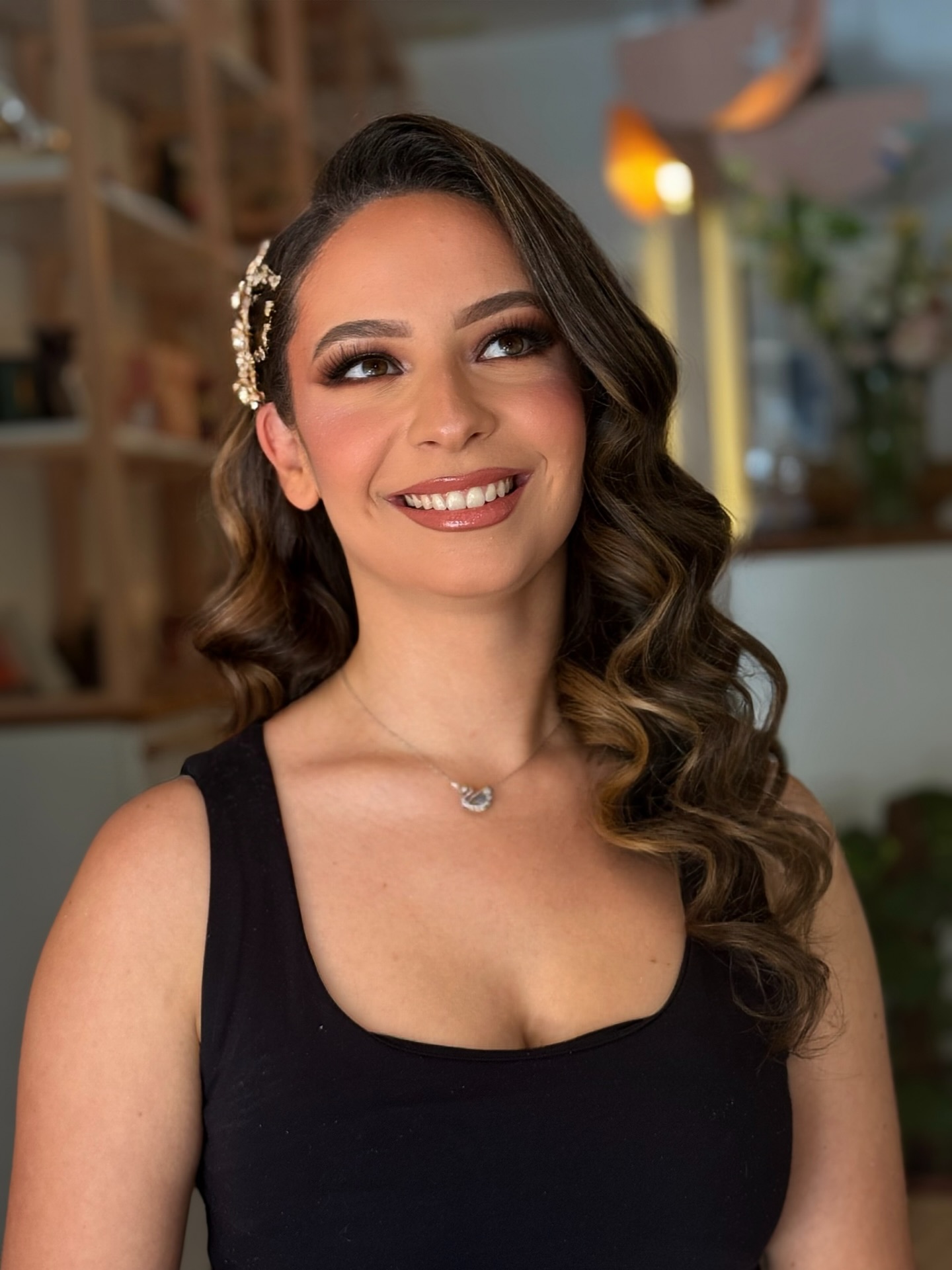 Glamorous Cascading Chestnut Curls with Sparkling Accessory