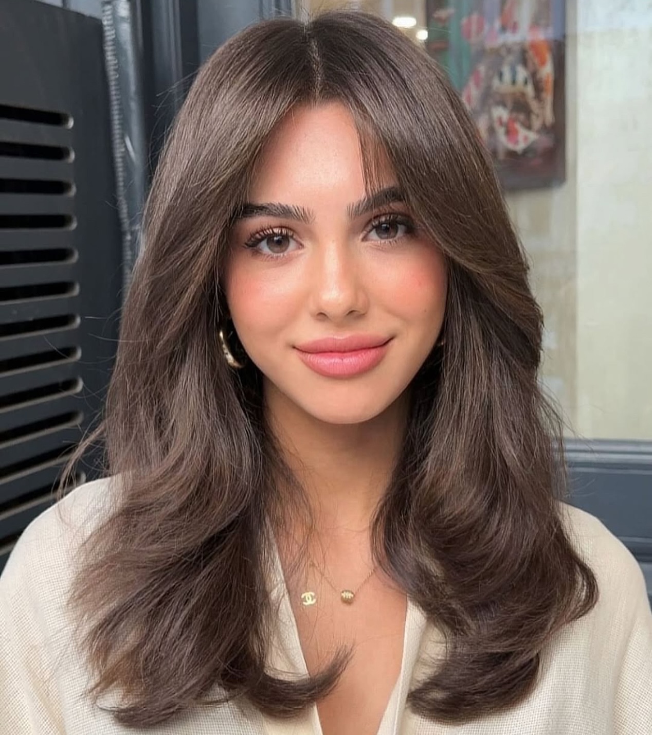 Glossy Chestnut Long Layers with Subtle Waves