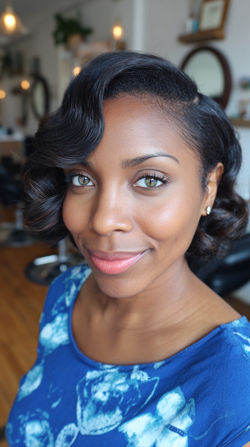 Glossy Deep Waves with Side-Swept Bangs