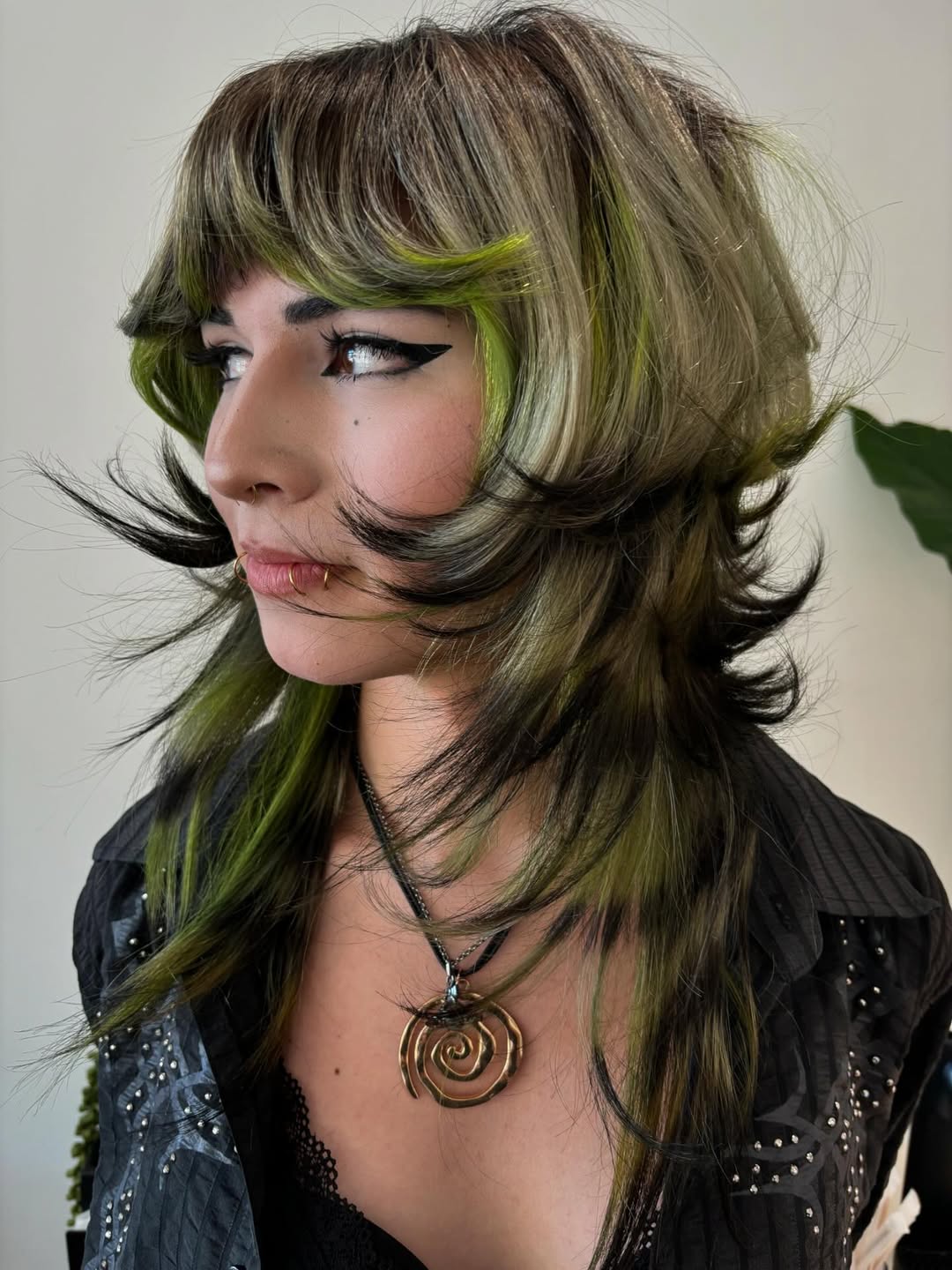 Lime Streaked Wavy Bob with Feathered Bangs