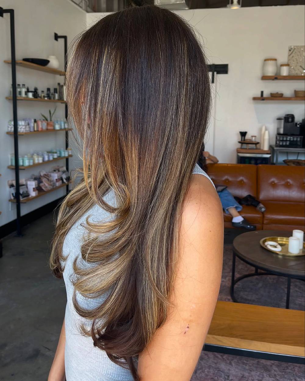 Modern Long Layered Cut with Caramel Highlights