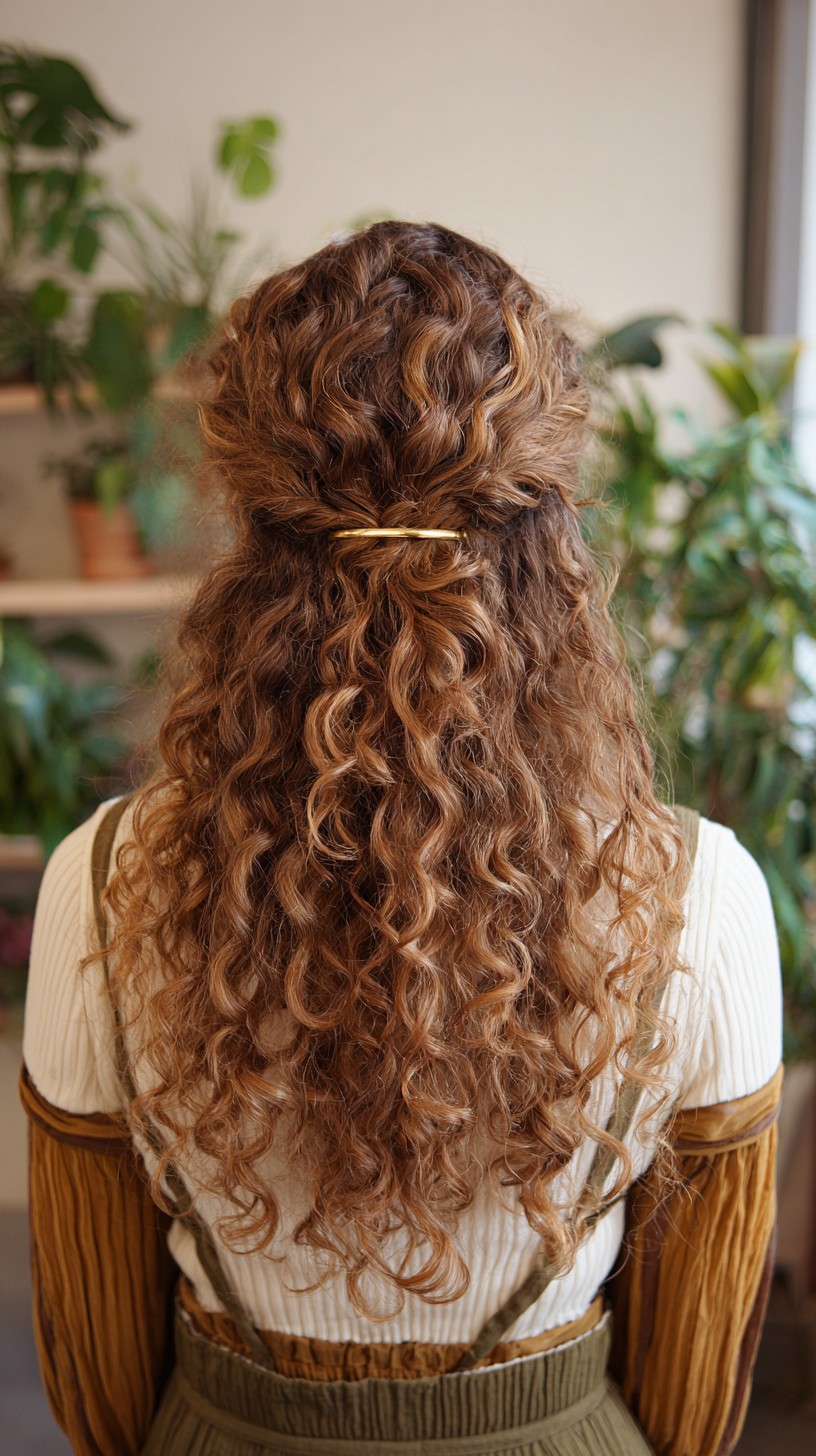 Halboffene Frisur mit natürlichem, gewelltem Zimt-Wirbel