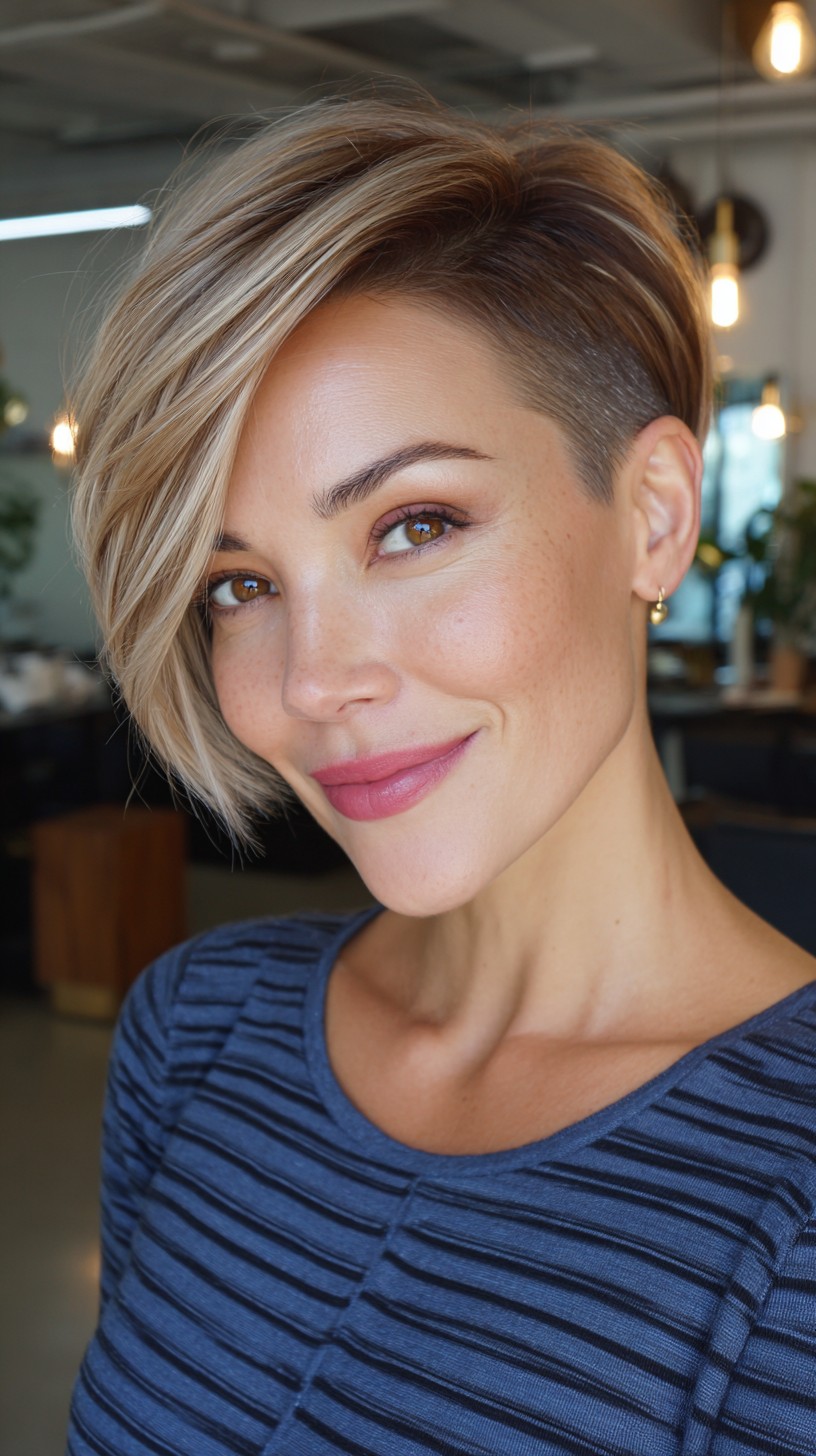 Platinum Blonde Asymmetrical Pixie with Precision Shave