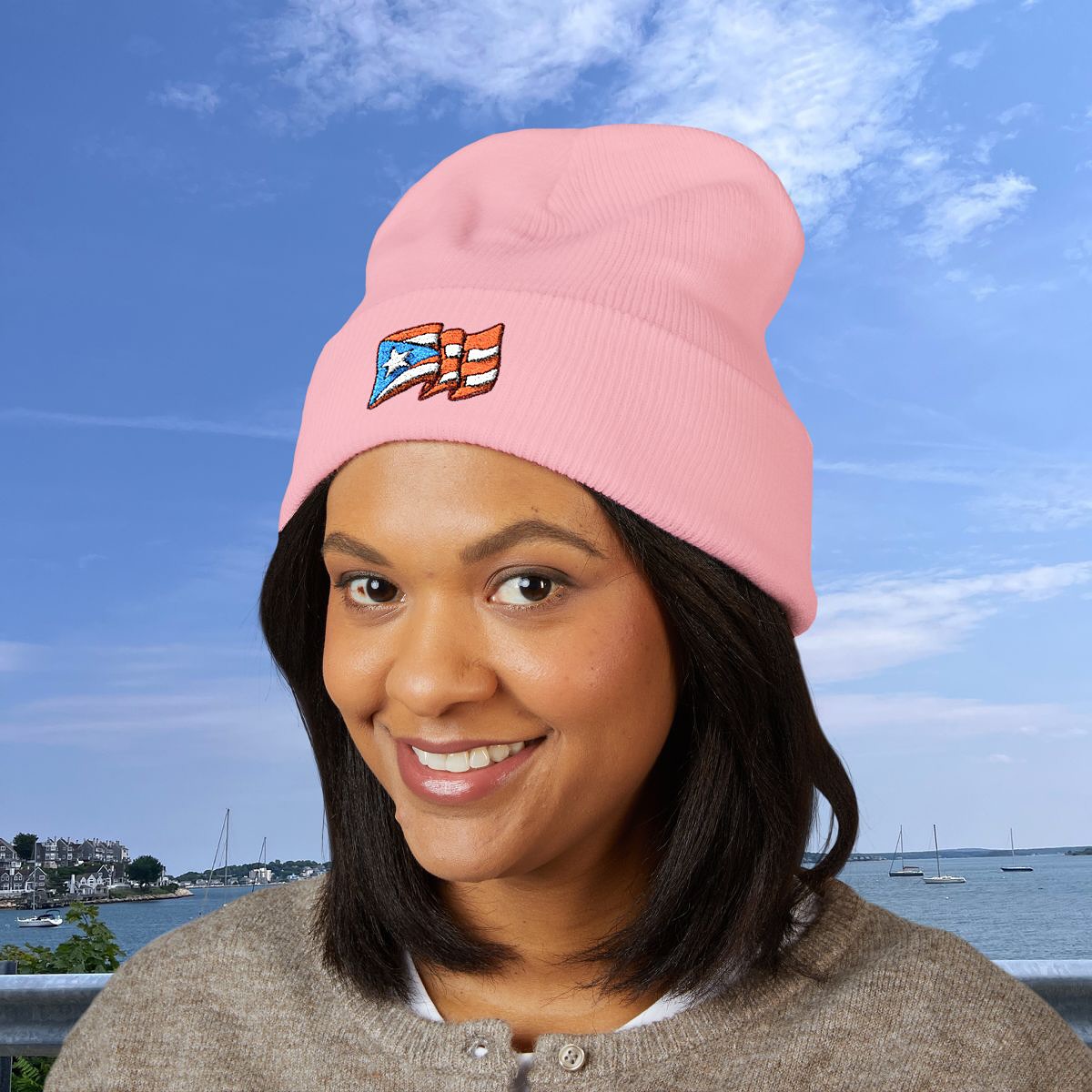 Polished Shoulder-Length Bob with Chic Pink Beanie