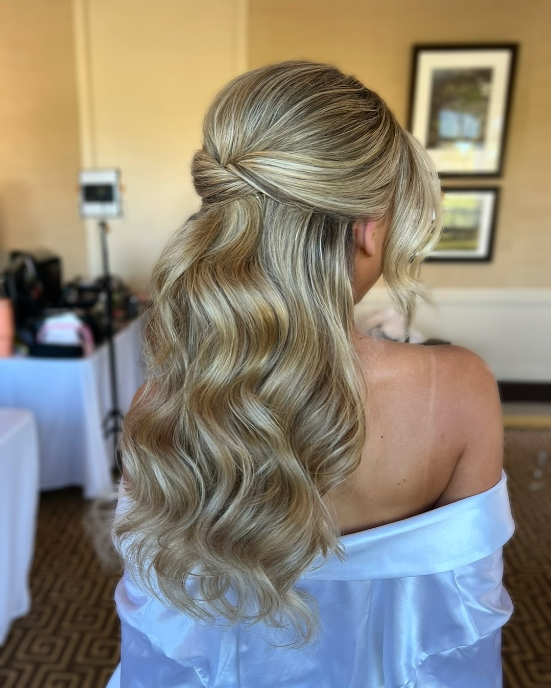 Silky Soft Waves with Elegant Half-Up Twist