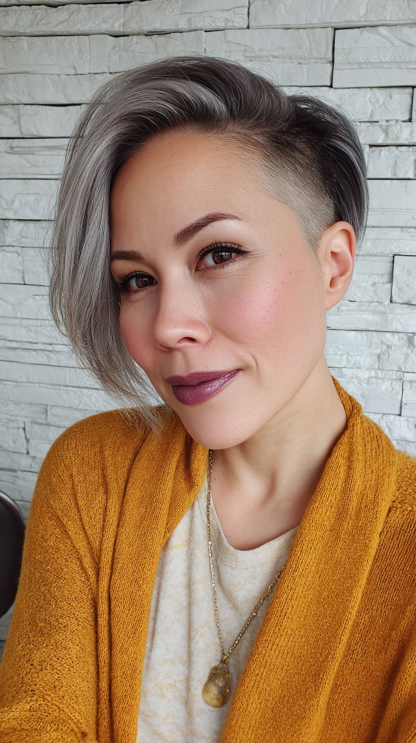 Silver Mist Side-Shaved Pixie with Voluminous Top