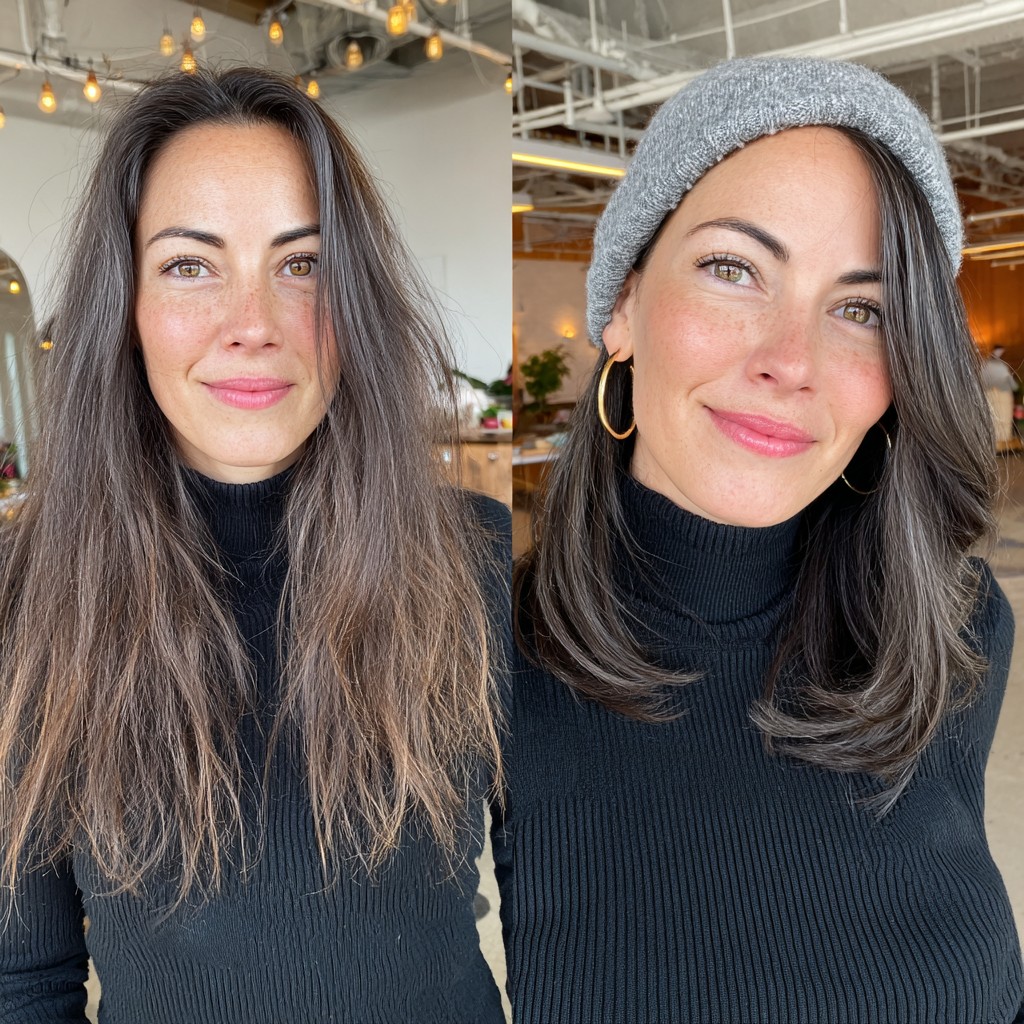 Sleek Mid-length Layers with Charcoal Grey Beanie