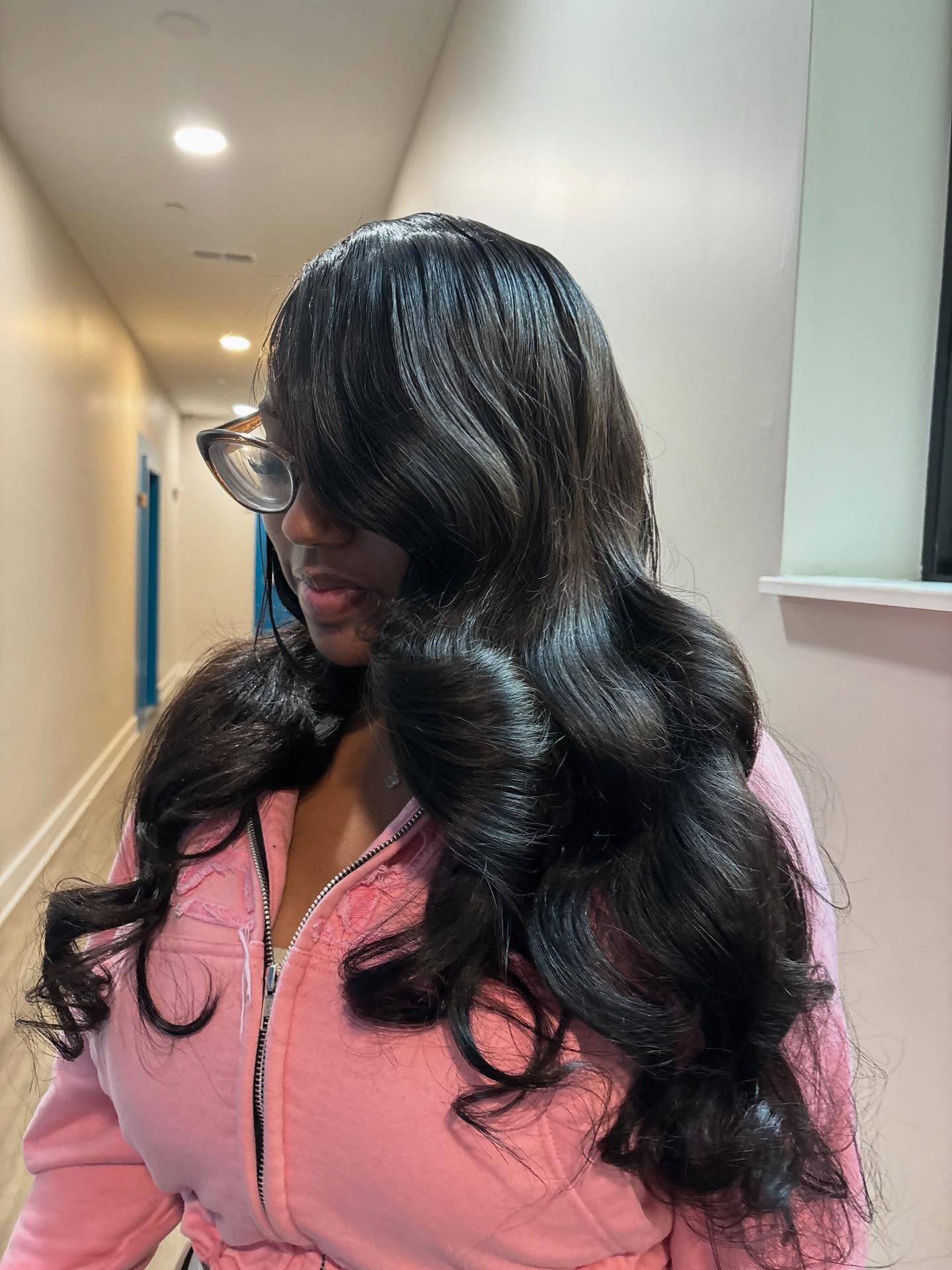 Softly Curled Ebony Waves with Light Accents