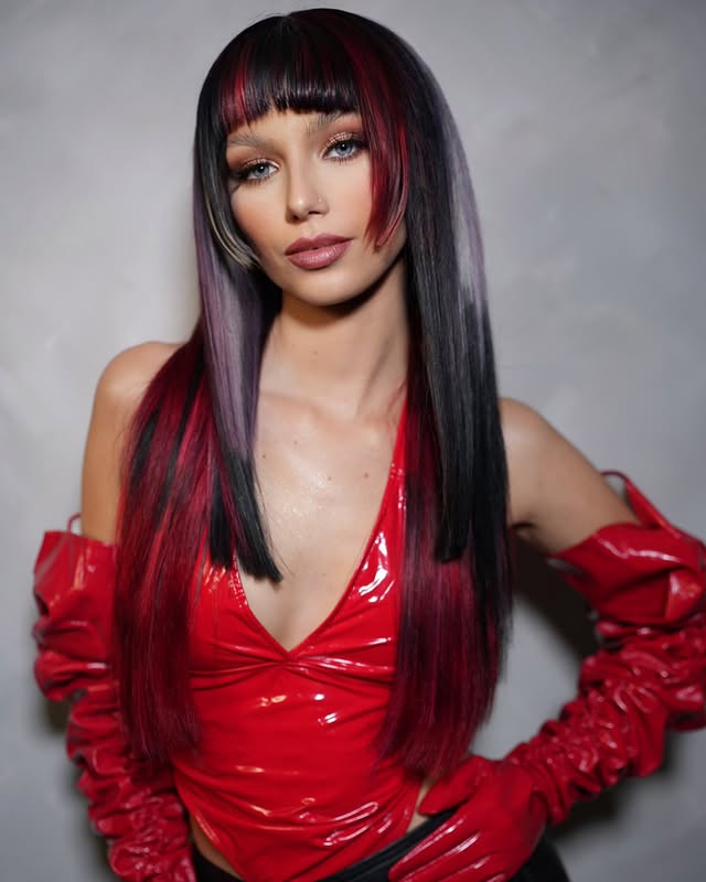 Striking Graphite Long Bob with Crimson Dip-Dye