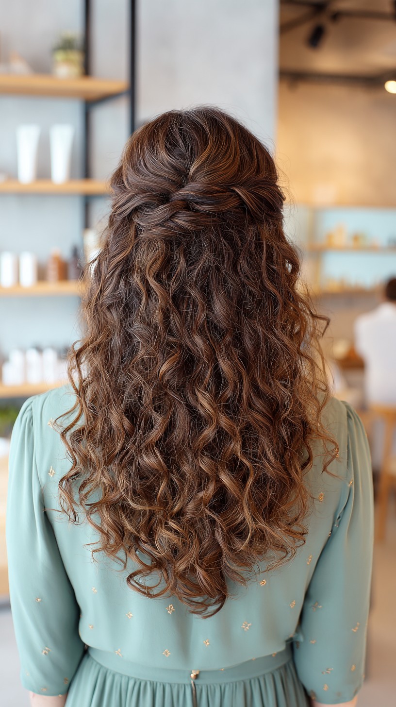 Halbhochgesteckte Frisur mit gedrehtem Band für voluminöse Locken