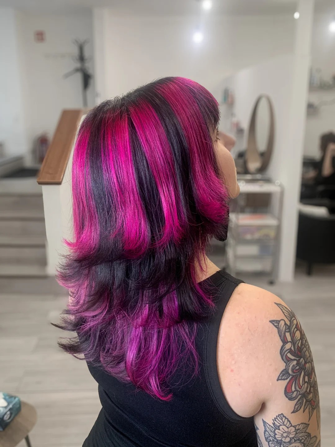 Vivid Magenta and Black Wavy Lob