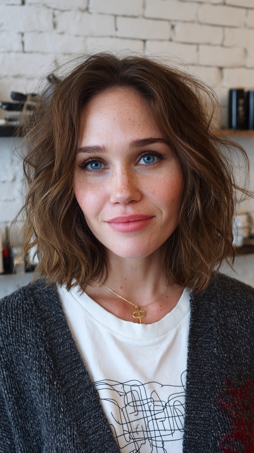 Chic Tousled Wavy Lob with Artful Fringe