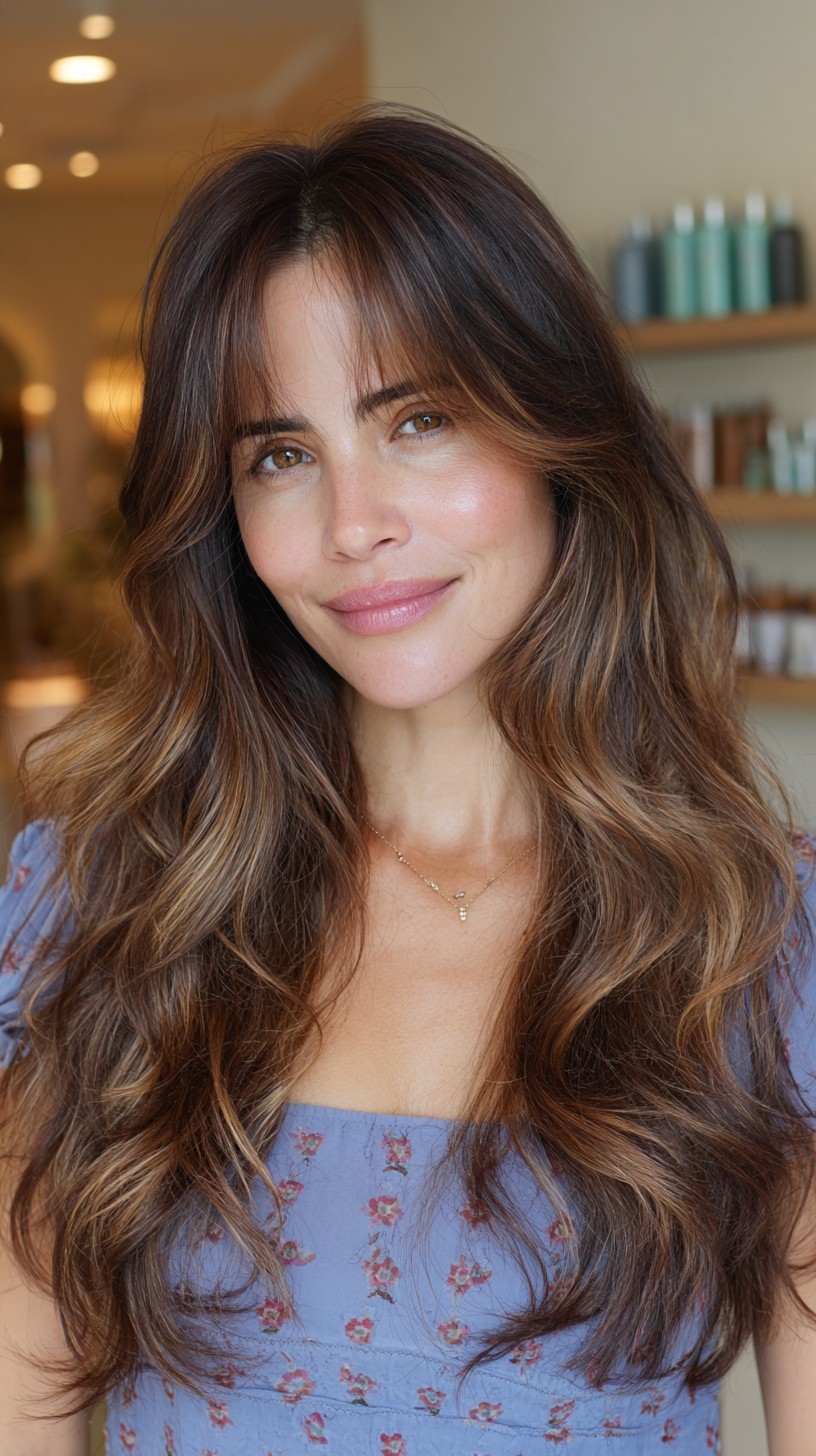 Effortless Brunette Waves with Subtle Balayage Bangs