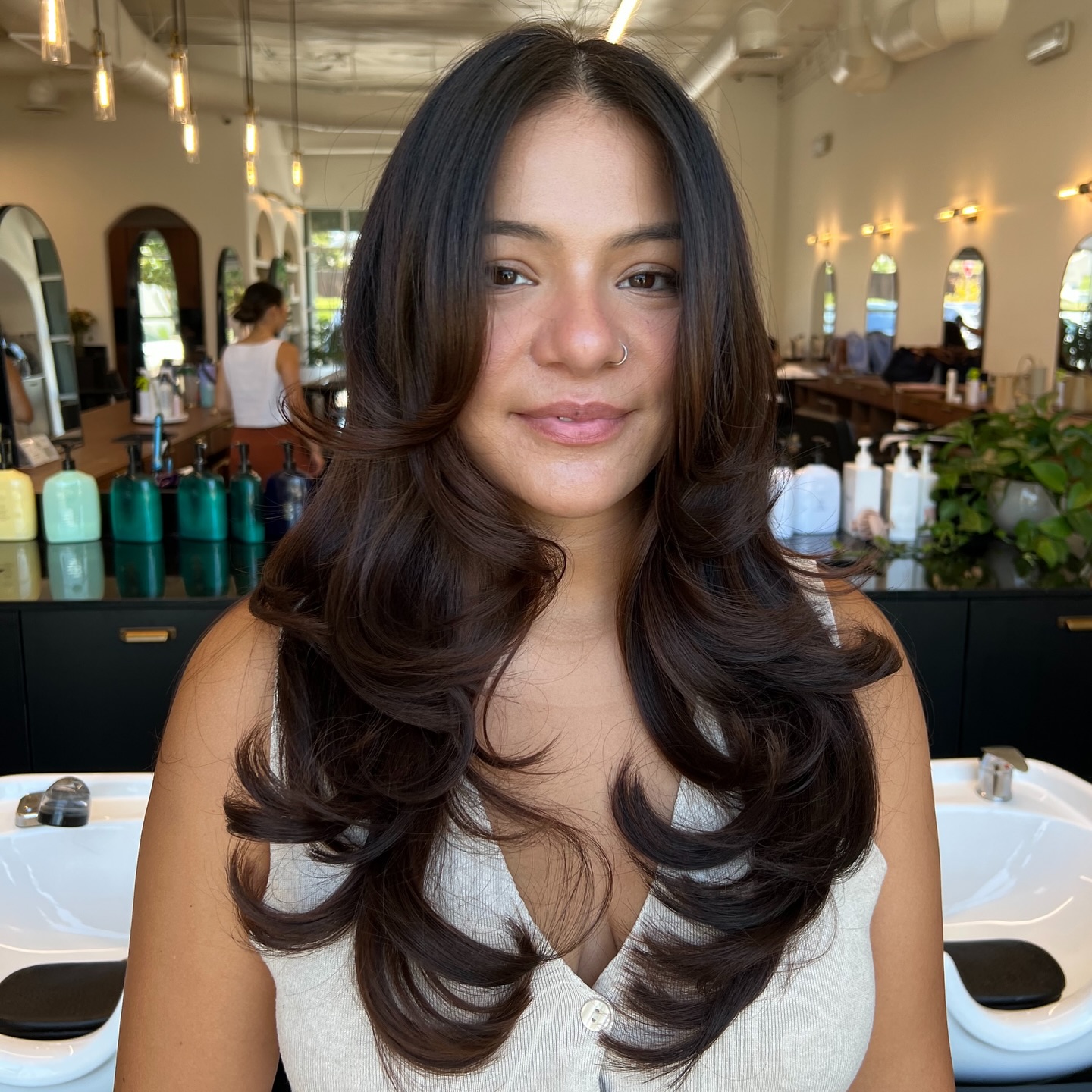 Glossy Chestnut Curls with Soft Balancing Layers