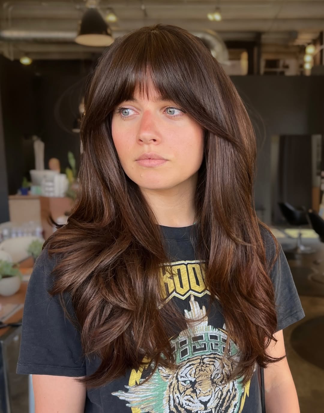 Luxurious Chocolate Waves with Blunt Bangs