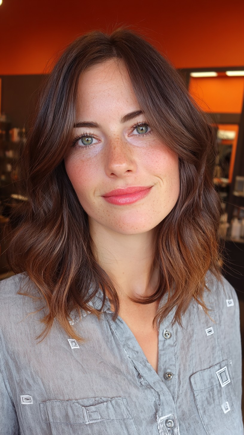 Mid-Length Tousled Chocolate Curls with Subtle Highlights