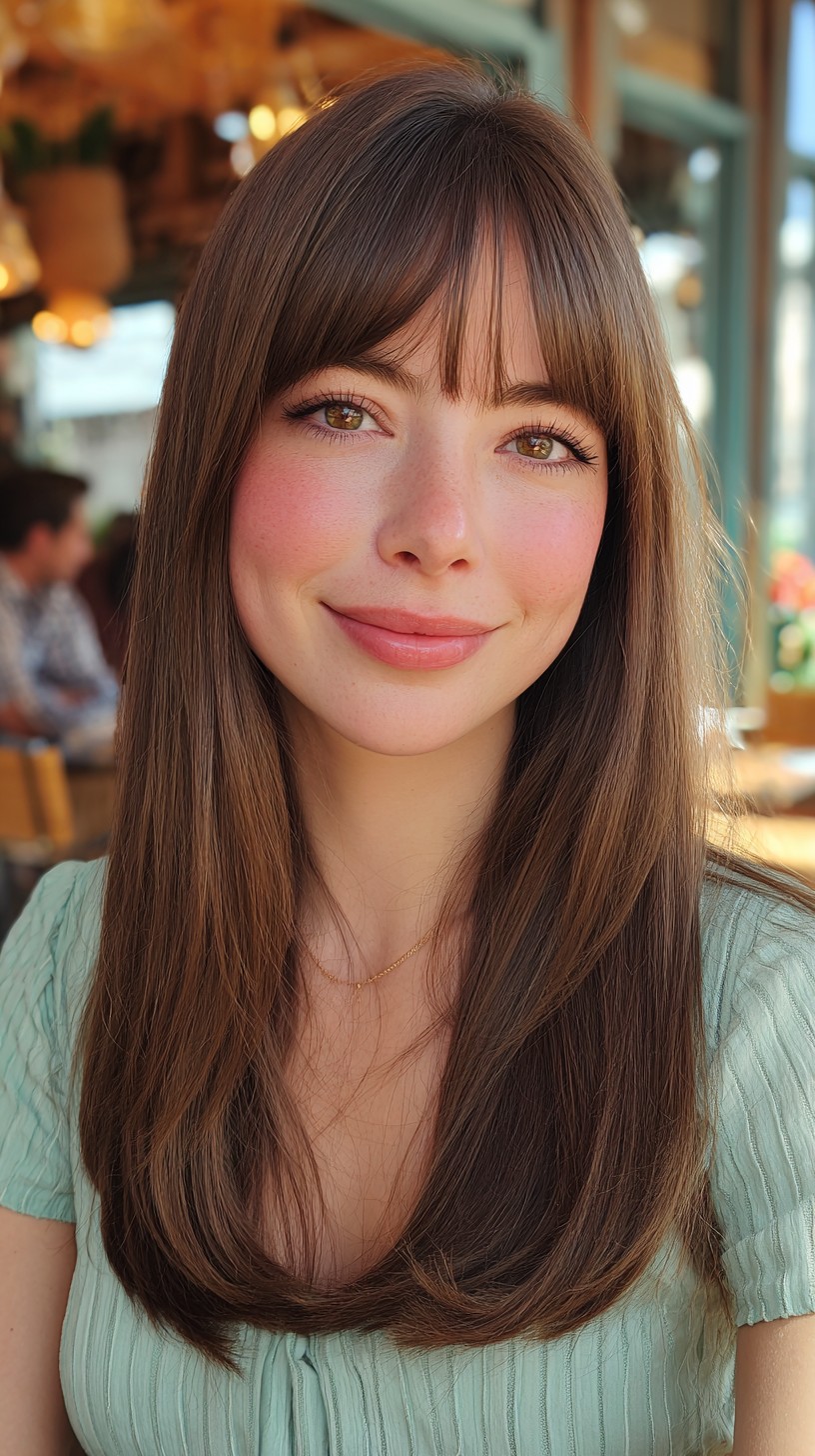 Sleek Chestnut Cascades with Soft Bangs