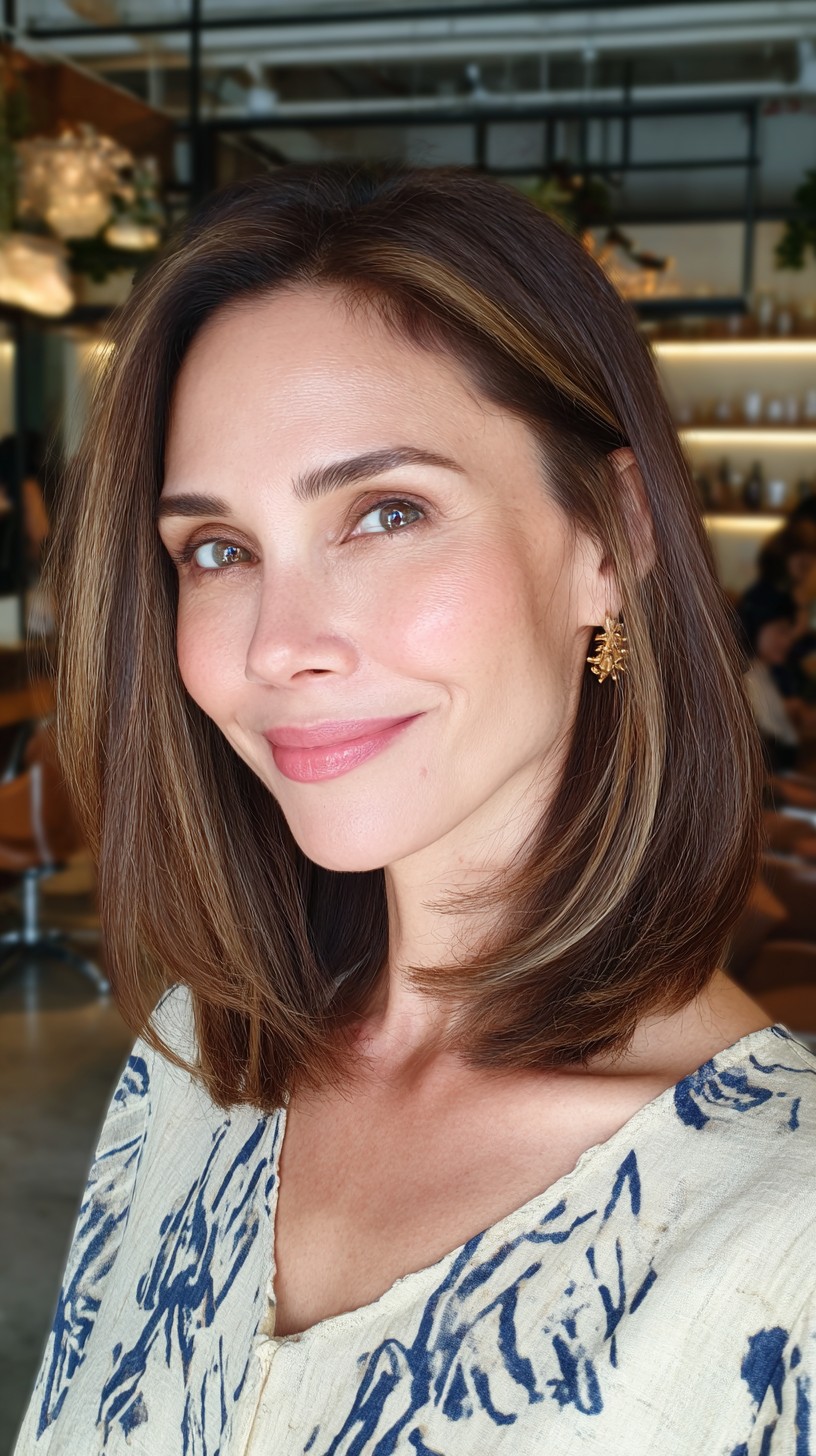 Smooth Brunette Lob with Subtle Highlights