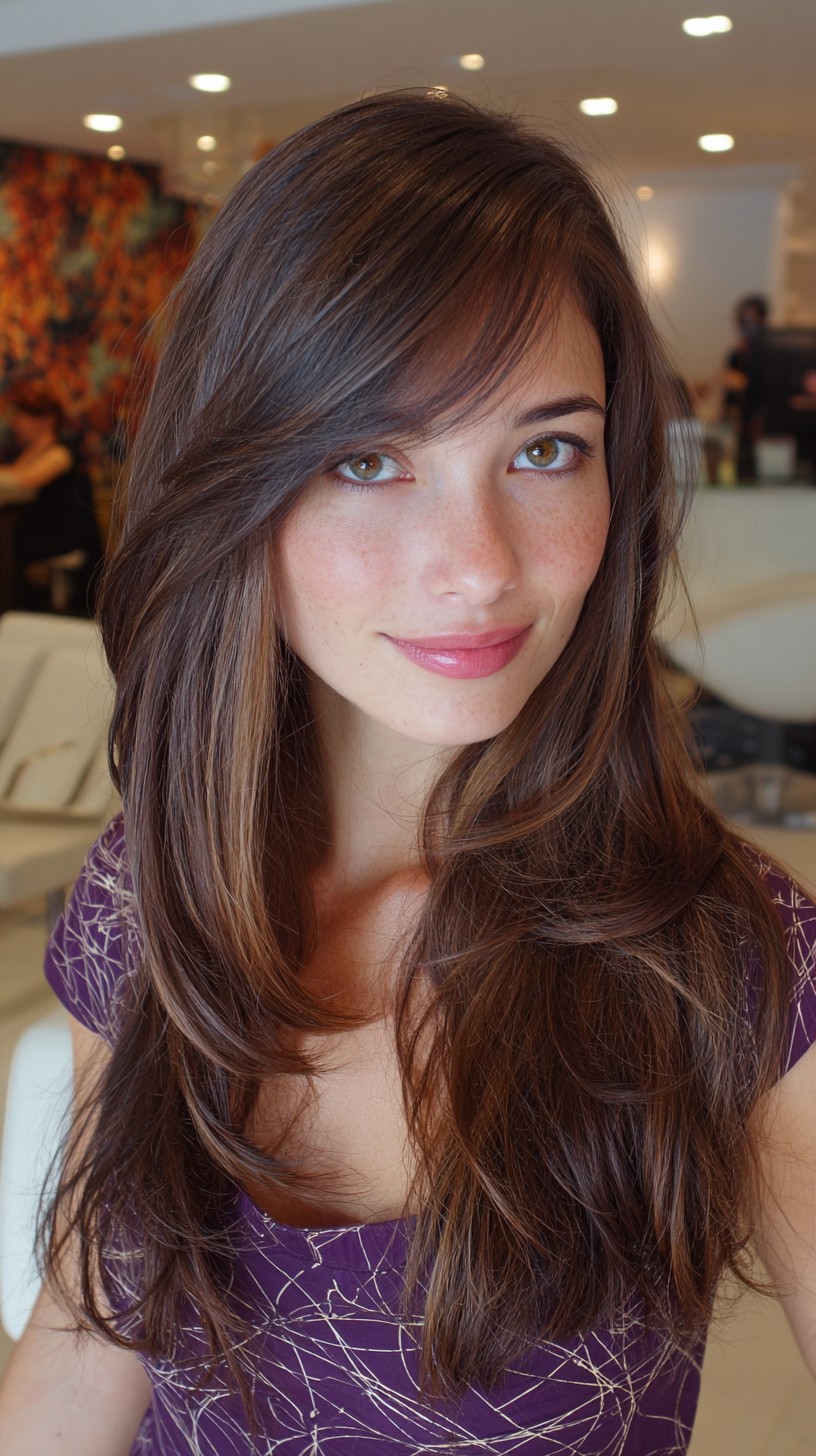 Soft Chestnut Tresses with Subtle Side-Swept Bangs