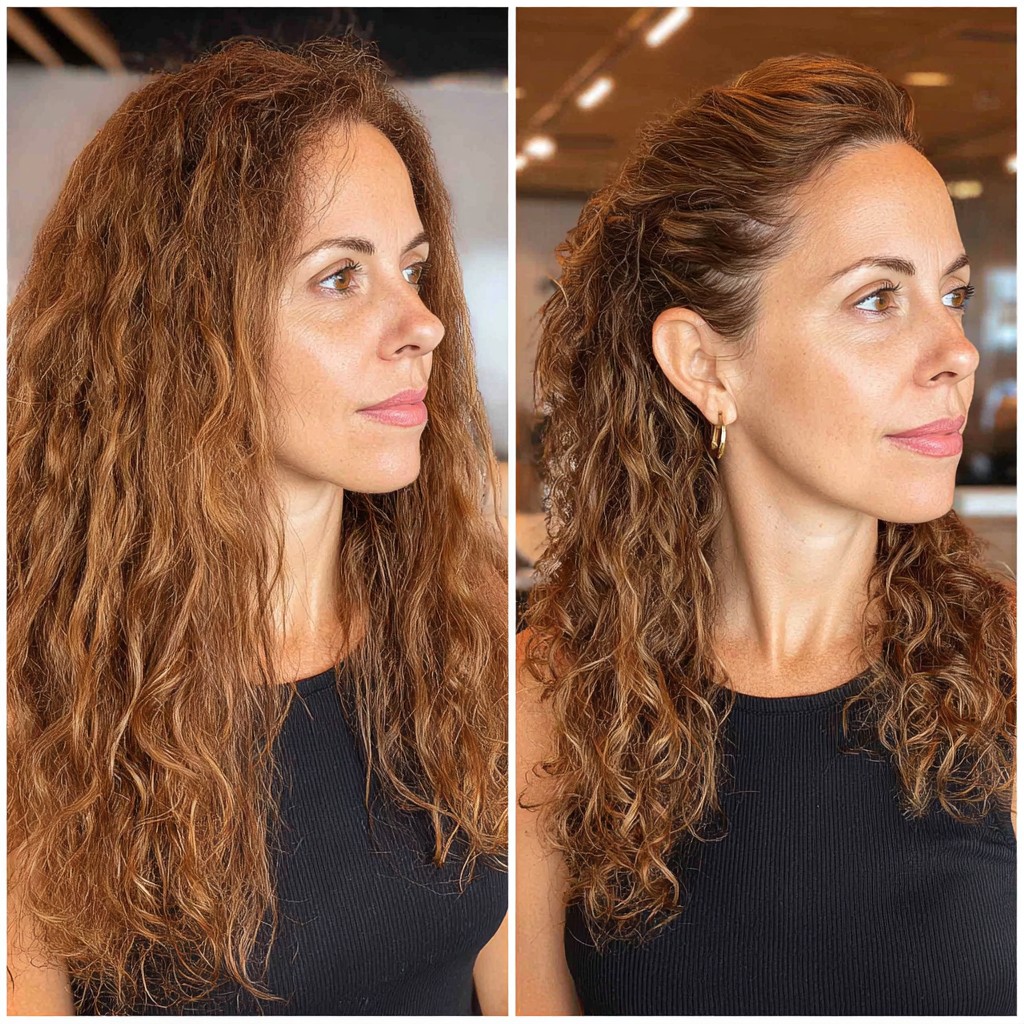 Textured Auburn Curls with Defined Half-Up Style