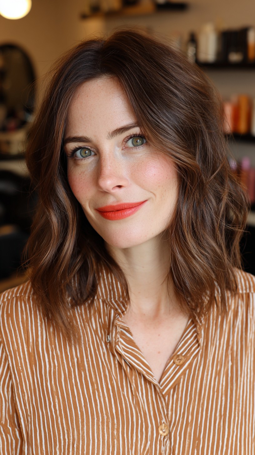 Textured Chestnut Waves with Soft Bangs