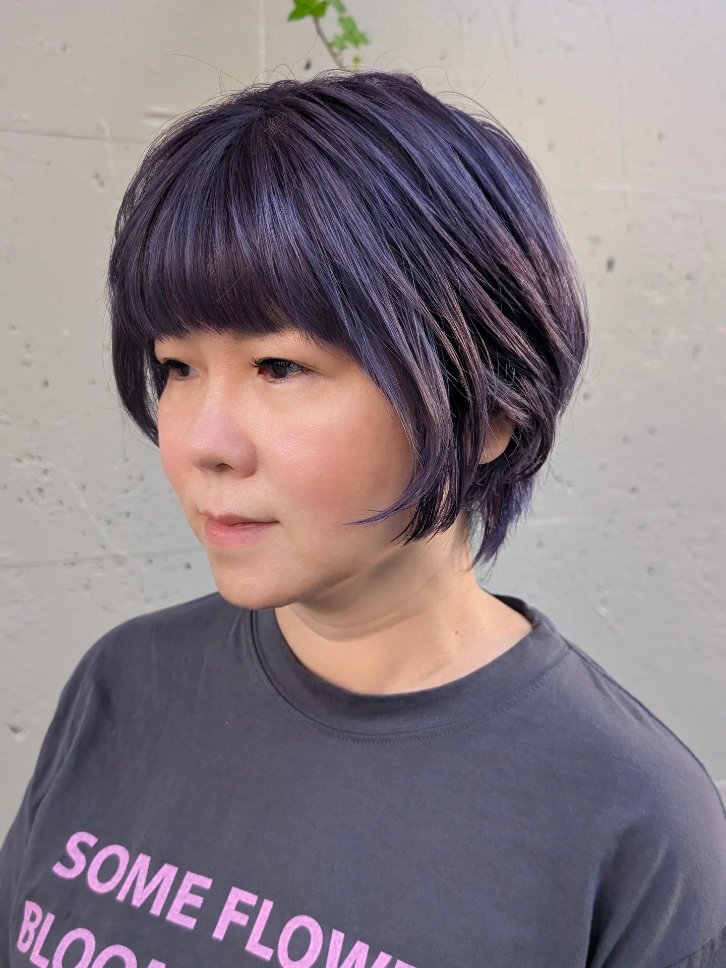 Chic Purple-Toned Layered Bob with Fringe