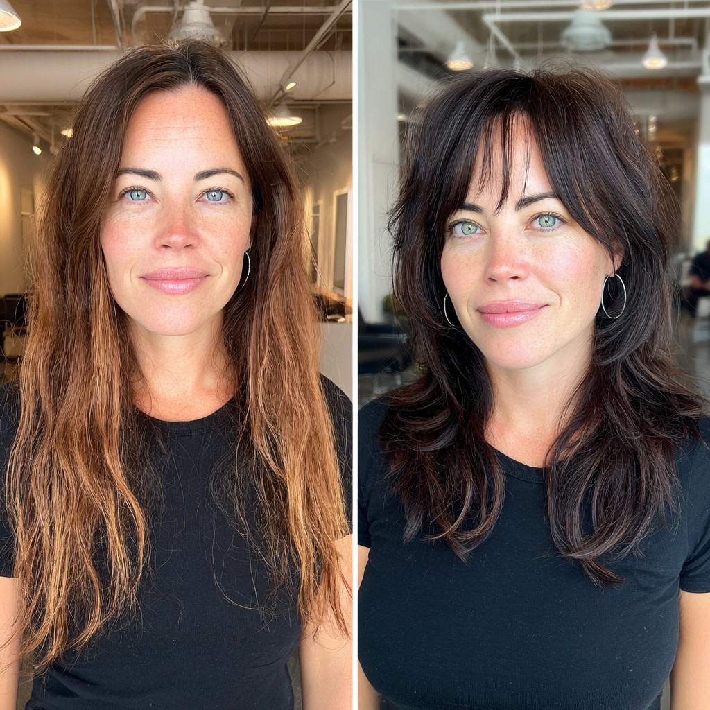Dynamic Brunette Transformation from Long Layers to Softly Angled Bob