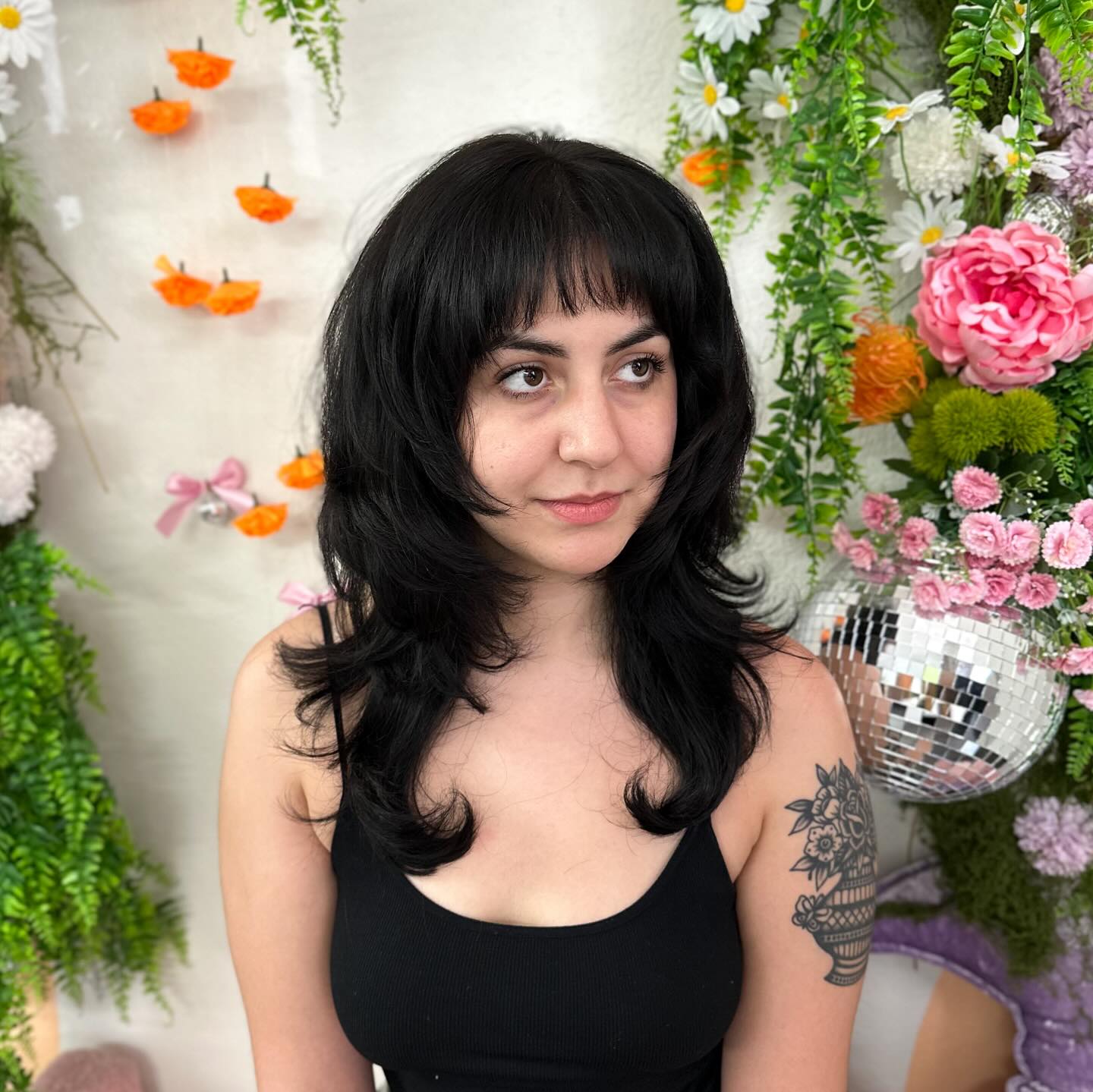 Flowing Black Waves with Soft Bangs