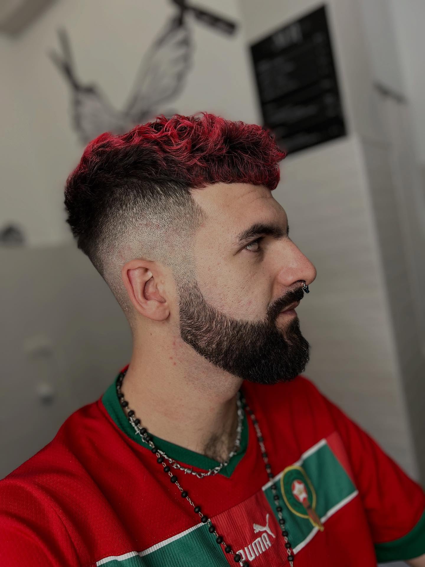 Vibrant Red Textured Top with Precision Fade
