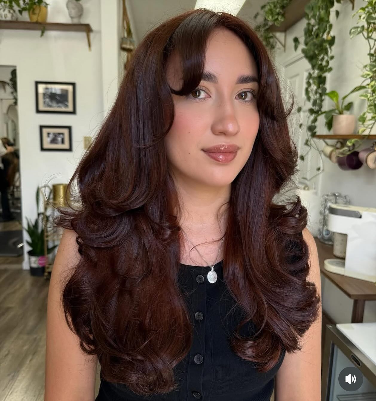 Rich Auburn Curls with Voluminous Bangs