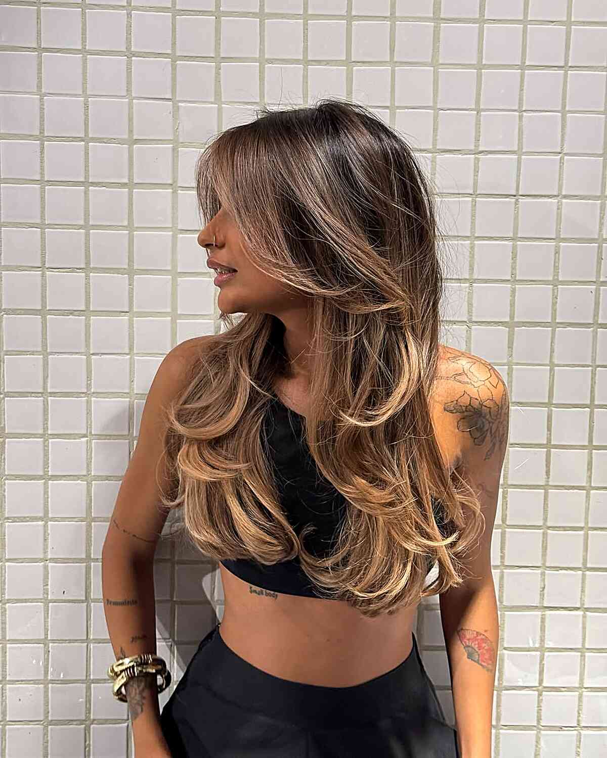 Layered Hair with Caramel Highlights