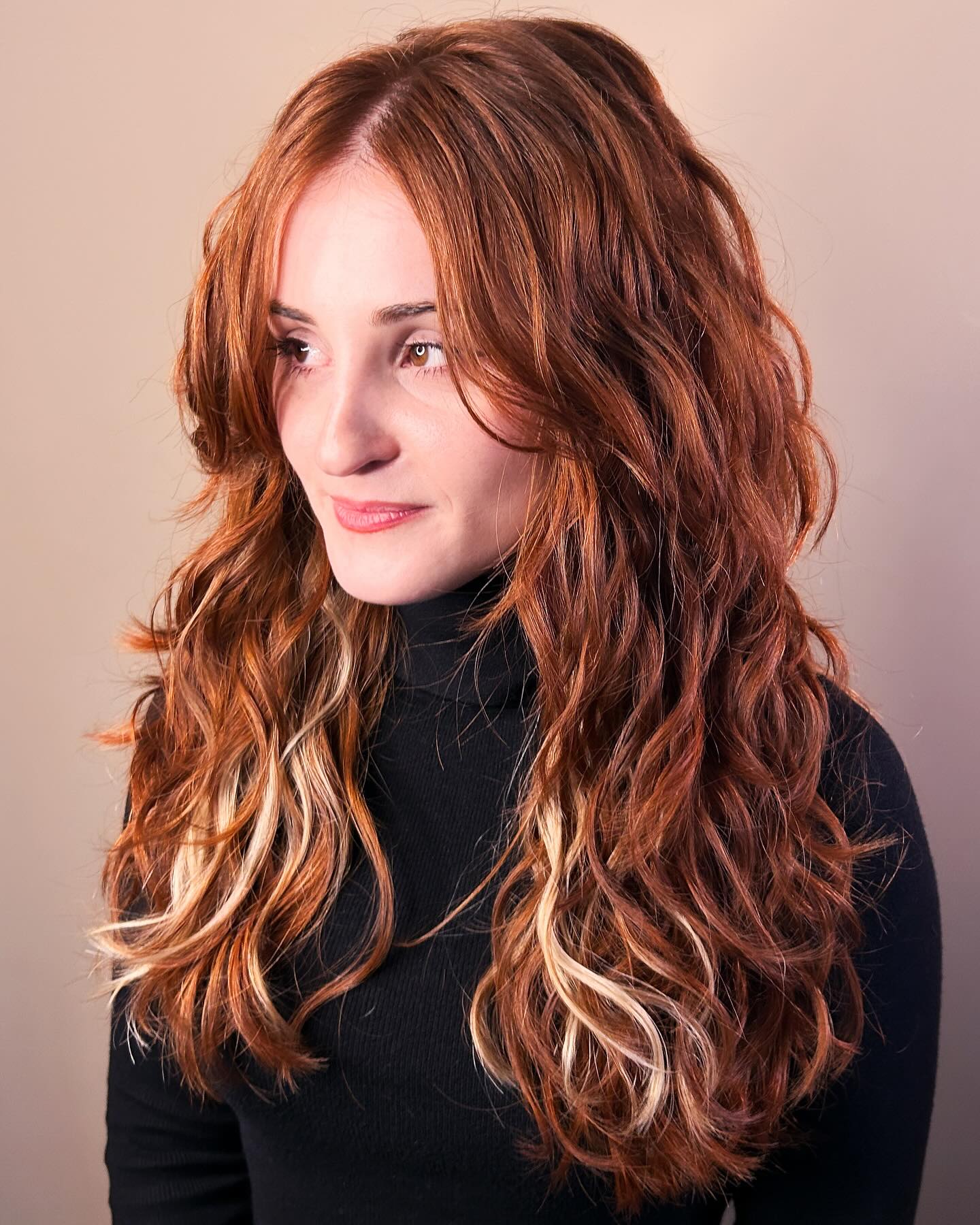 Burnished Copper Waves with Blonde Highlights