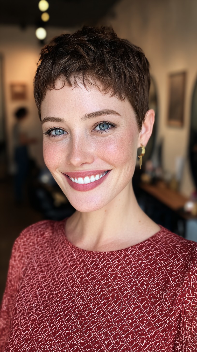 Charming Chestnut Textured Pixie With Defined Waves